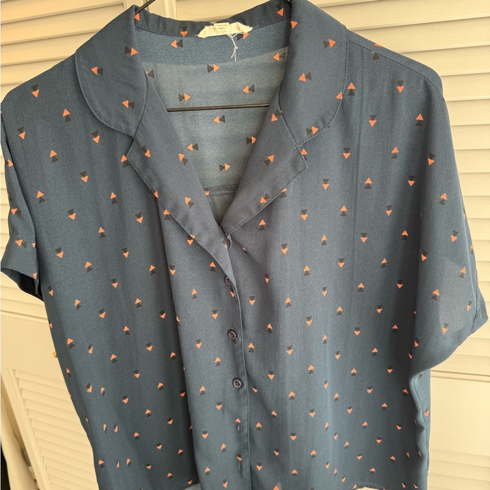 Casual Button Down Blue Shirt with Orange Accents